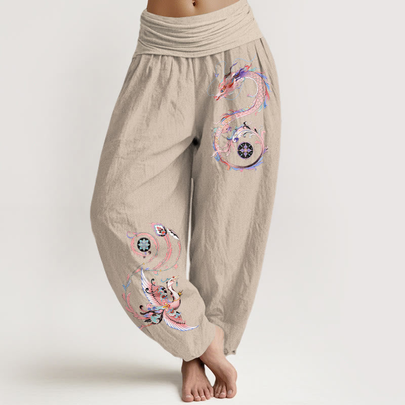 Nimara Ritual Cotton Flying Dragon Phoenix Pattern Women's Elastic Waist Harem Pants