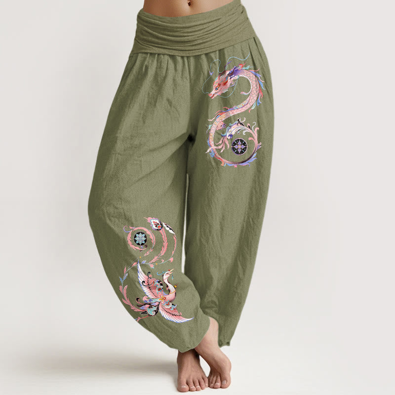Nimara Ritual Cotton Flying Dragon Phoenix Pattern Women's Elastic Waist Harem Pants