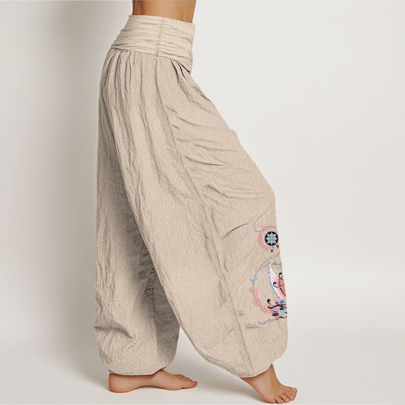 Nimara Ritual Cotton Flying Dragon Phoenix Pattern Women's Elastic Waist Harem Pants