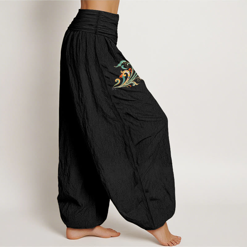 Nimara Ritual Cotton Colorful Lotus Flower Pattern Women's Elastic Waist Harem Pants