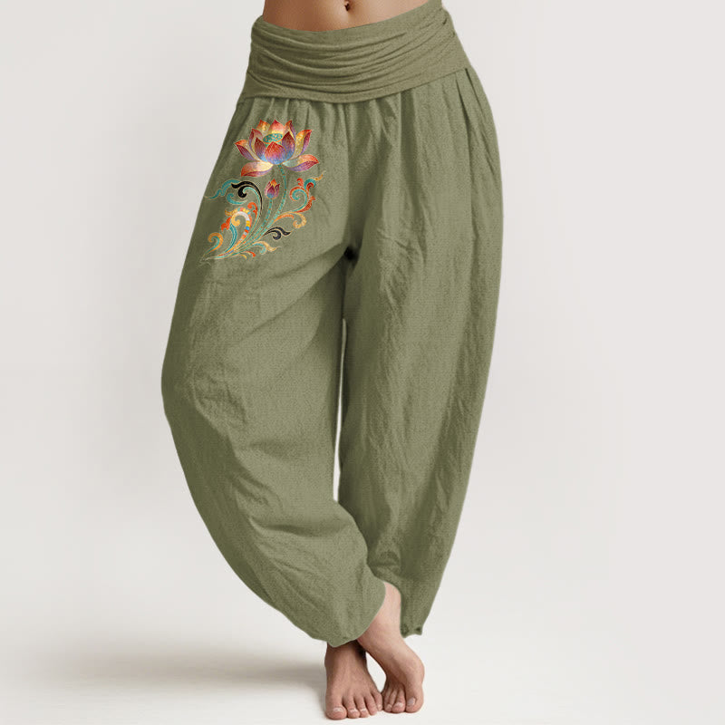 Nimara Ritual Cotton Colorful Lotus Flower Pattern Women's Elastic Waist Harem Pants