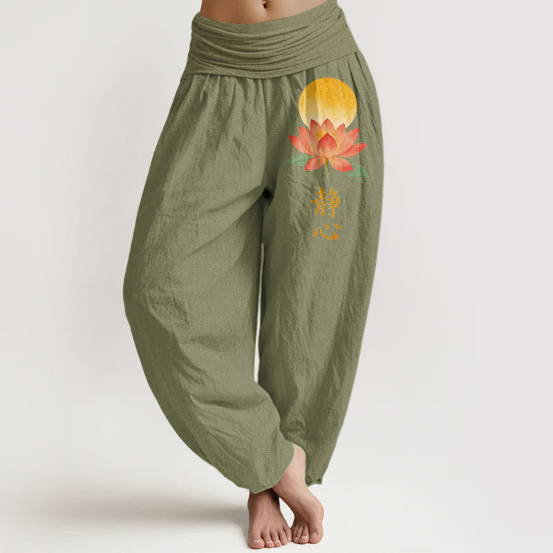 Nimara Ritual Cotton Full Moon Lotus Flower Pattern Women's Elastic Waist Harem Pants