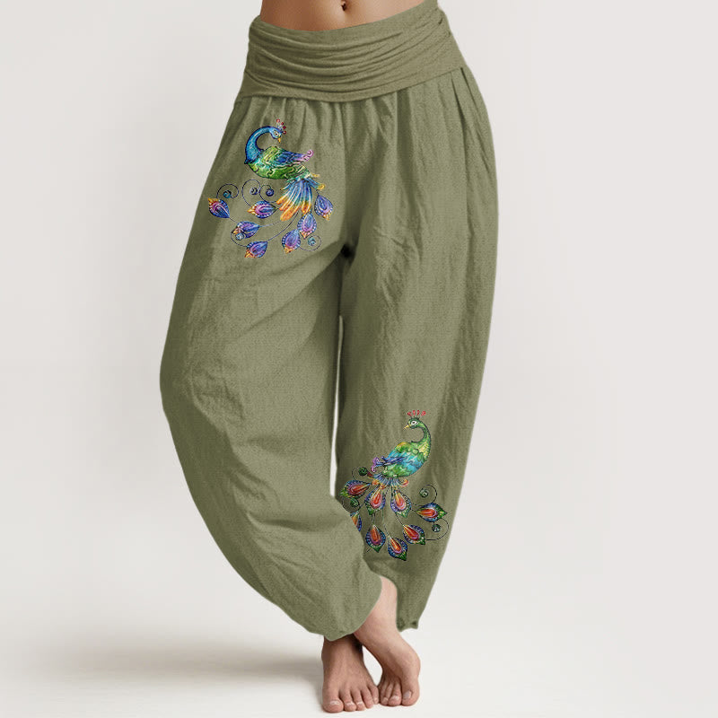 Nimara Ritual Cotton Colorful Peacock Pattern Women's Elastic Waist Harem Pants