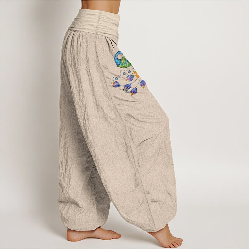 Nimara Ritual Cotton Colorful Peacock Pattern Women's Elastic Waist Harem Pants