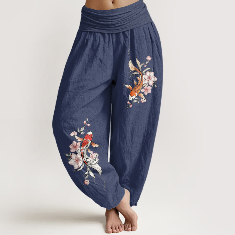 Nimara Ritual Cotton Koi Fish Pink Peach Blossoms Pattern Women's Elastic Waist Harem Pants