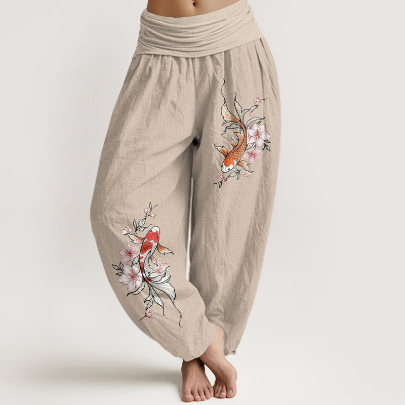Nimara Ritual Cotton Koi Fish Pink Peach Blossoms Pattern Women's Elastic Waist Harem Pants
