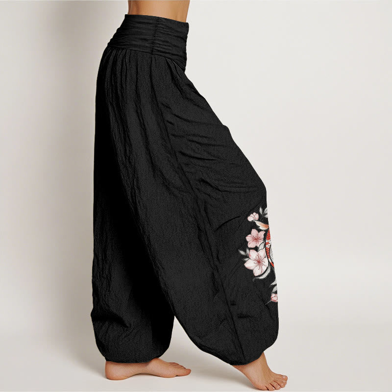 Nimara Ritual Cotton Koi Fish Pink Peach Blossoms Pattern Women's Elastic Waist Harem Pants