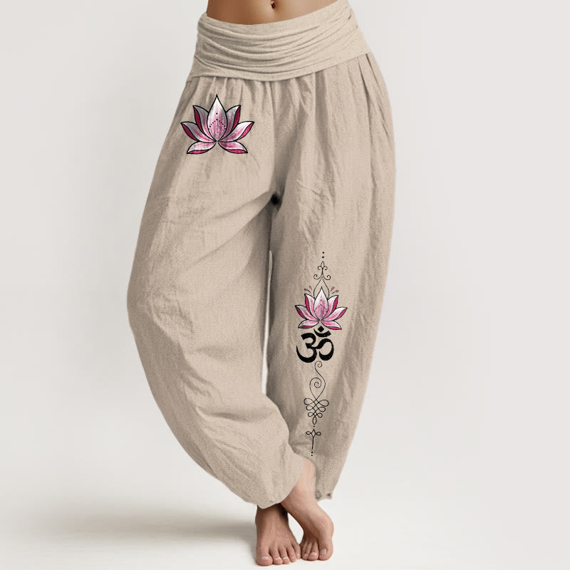 Nimara Ritual Cotton Pink Lotus OM Pattern Women's Elastic Waist Harem Pants