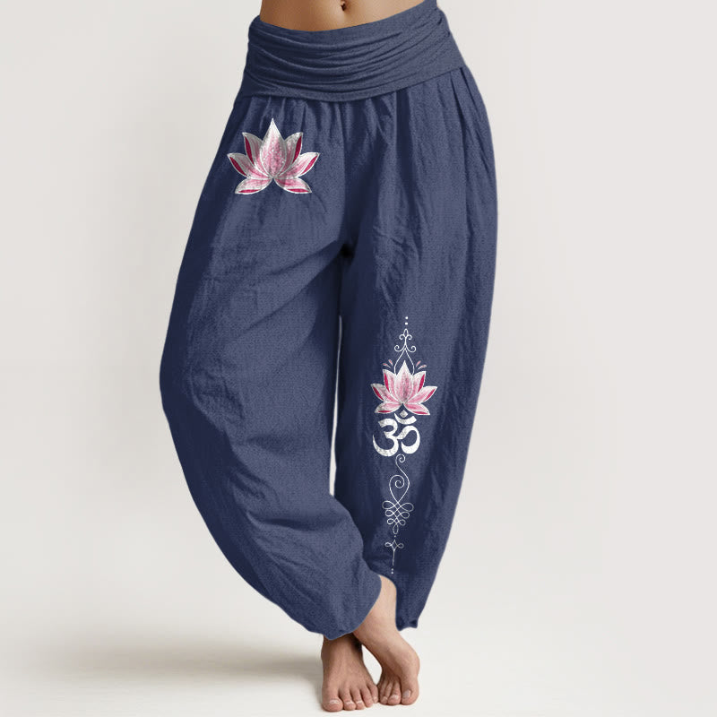 Nimara Ritual Cotton Pink Lotus OM Pattern Women's Elastic Waist Harem Pants