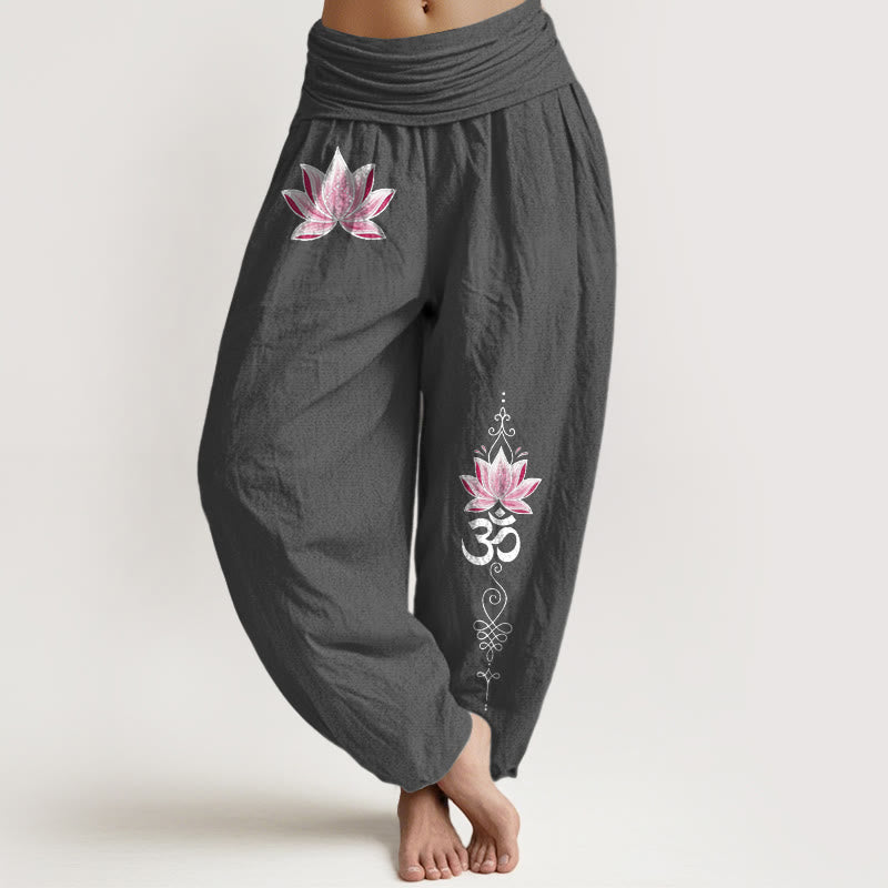 Nimara Ritual Cotton Pink Lotus OM Pattern Women's Elastic Waist Harem Pants