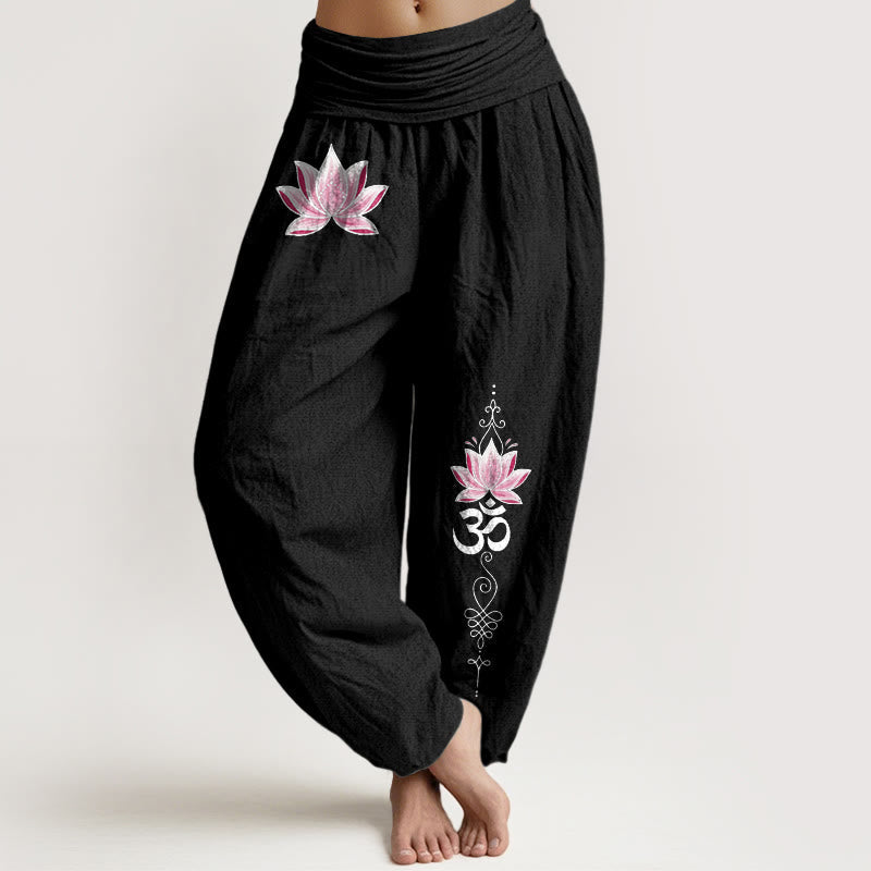 Nimara Ritual Cotton Pink Lotus OM Pattern Women's Elastic Waist Harem Pants