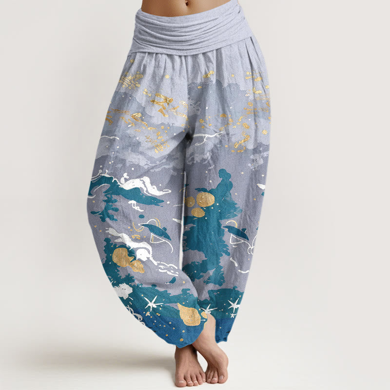 Nimara Ritual Cotton Waves Sky Pattern Women's Elastic Waist Harem Pants