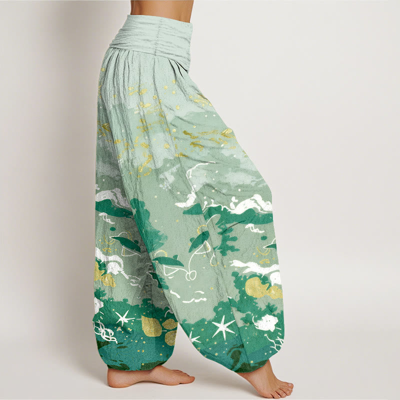 Nimara Ritual Cotton Waves Sky Pattern Women's Elastic Waist Harem Pants