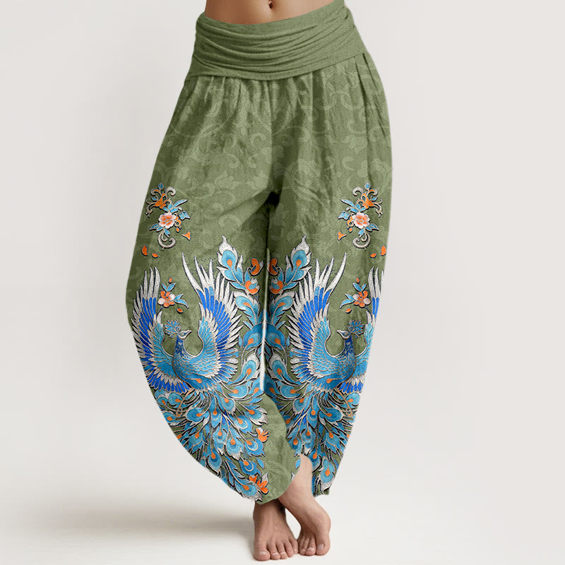 Nimara Ritual Cotton Phoenix Peach Blossom Pattern Women's Elastic Waist Harem Pants
