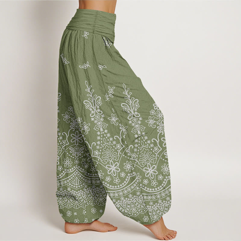 Nimara Ritual Cotton Mandala White Flower Pattern Women's Elastic Waist Harem Pants