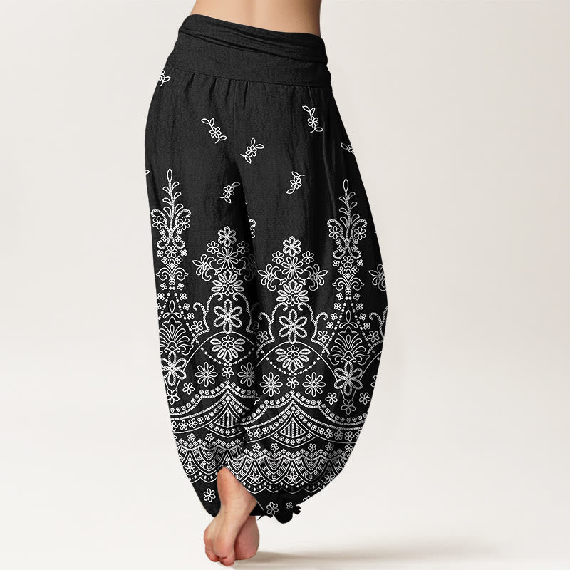 Nimara Ritual Cotton Mandala White Flower Pattern Women's Elastic Waist Harem Pants