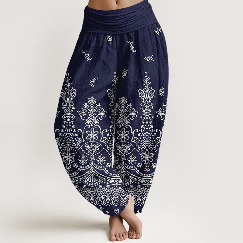 Nimara Ritual Cotton Mandala White Flower Pattern Women's Elastic Waist Harem Pants