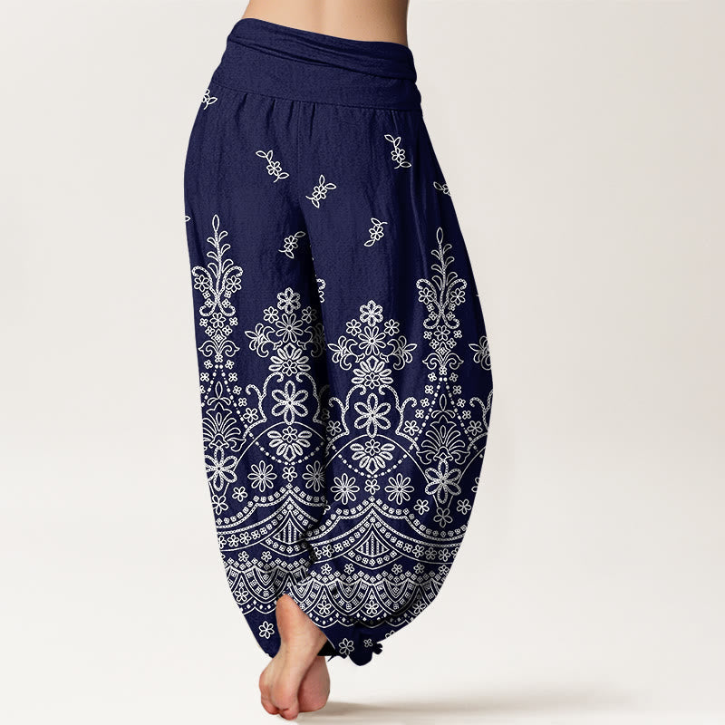 Nimara Ritual Cotton Mandala White Flower Pattern Women's Elastic Waist Harem Pants