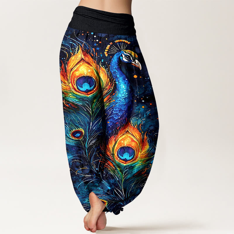 Nimara Ritual Cotton Peacock Starry Sky Pattern Women's Elastic Waist Harem Pants