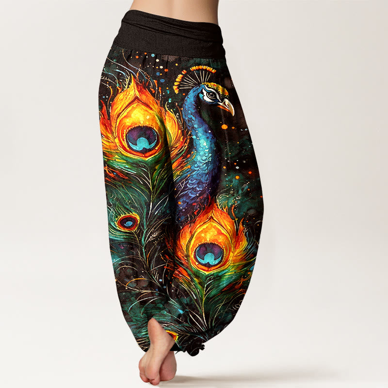 Nimara Ritual Cotton Peacock Starry Sky Pattern Women's Elastic Waist Harem Pants