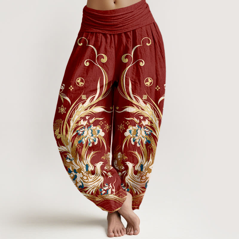 Nimara Ritual Cotton Phoenix Butterfly Flower Pattern Women's Elastic Waist Harem Pants