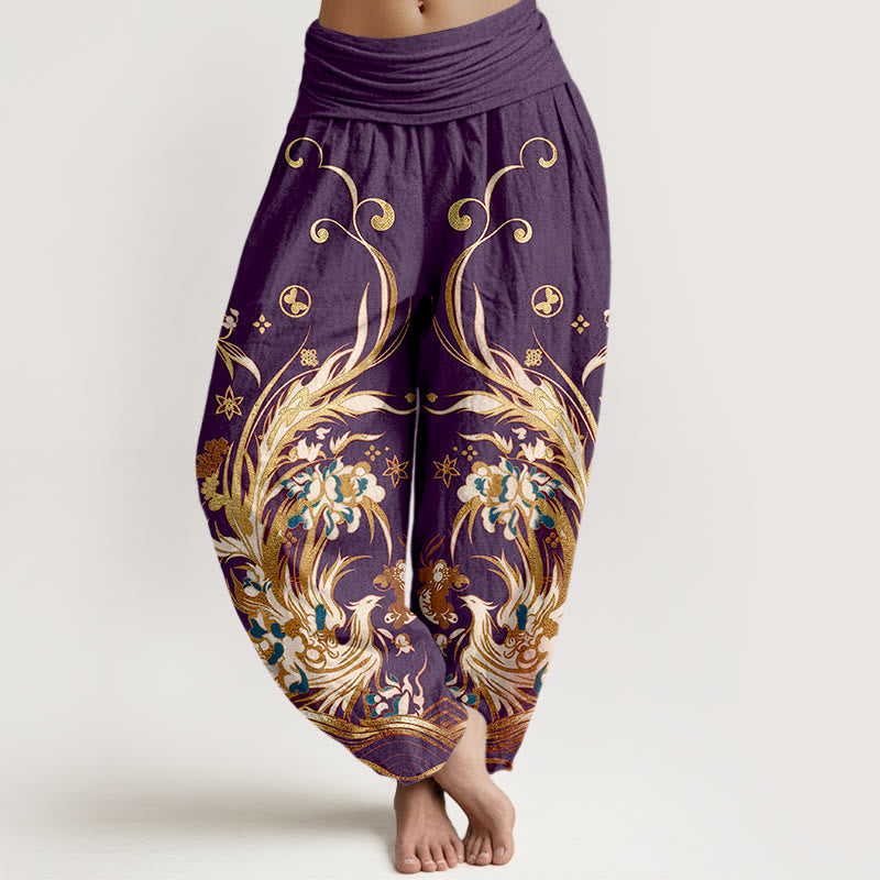 Nimara Ritual Cotton Phoenix Butterfly Flower Pattern Women's Elastic Waist Harem Pants
