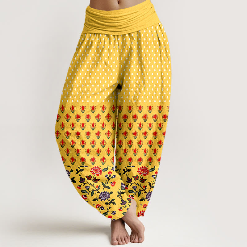 Nimara Ritual Cotton Dots Red Purple Flower Pattern Women's Elastic Waist Harem Pants