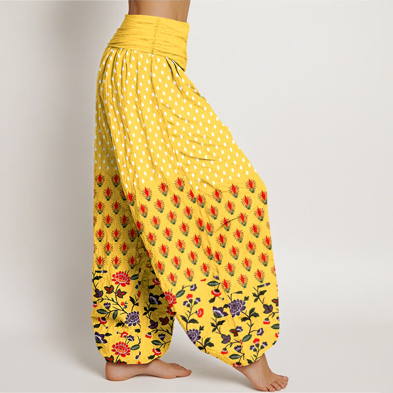 Nimara Ritual Cotton Dots Red Purple Flower Pattern Women's Elastic Waist Harem Pants