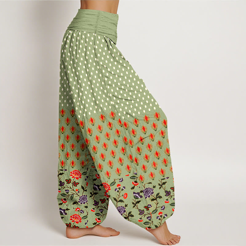 Nimara Ritual Cotton Dots Red Purple Flower Pattern Women's Elastic Waist Harem Pants