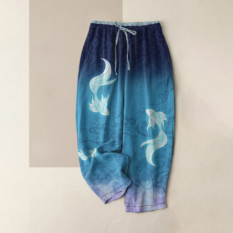 Nimara Ritual Pure Cotton Koi Fish Wave Pattern Women's Elastic Waist Pants With Pockets
