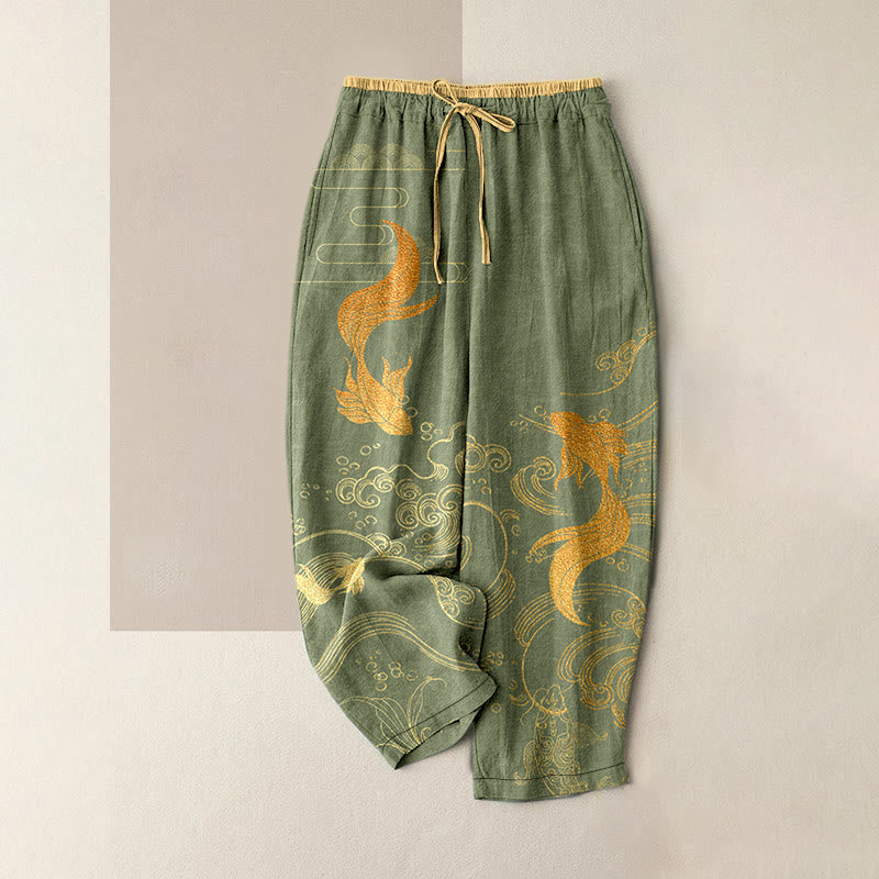 Nimara Ritual Pure Cotton Koi Fish Wave Pattern Women's Elastic Waist Pants With Pockets