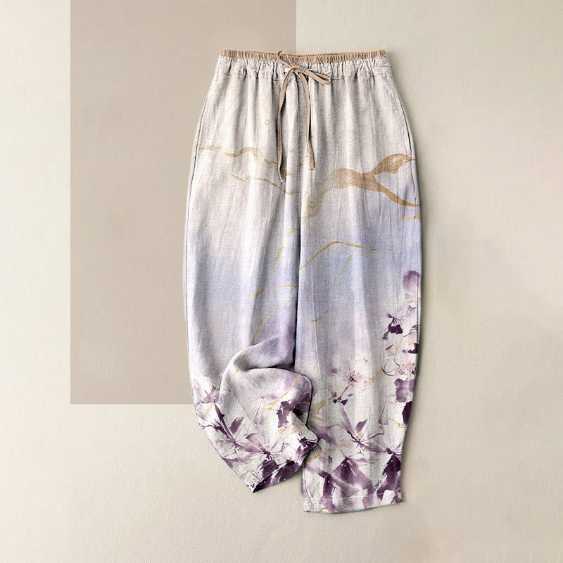 Nimara Ritual Pure Cotton Ink Flower Golden Lines Pattern Women's Elastic Waist Pants With Pockets