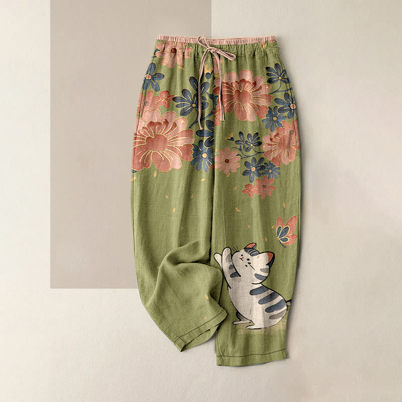 Nimara Ritual Pure Cotton Cat Butterfly Pink Blossom Pattern Women's Elastic Waist Pants With Pockets