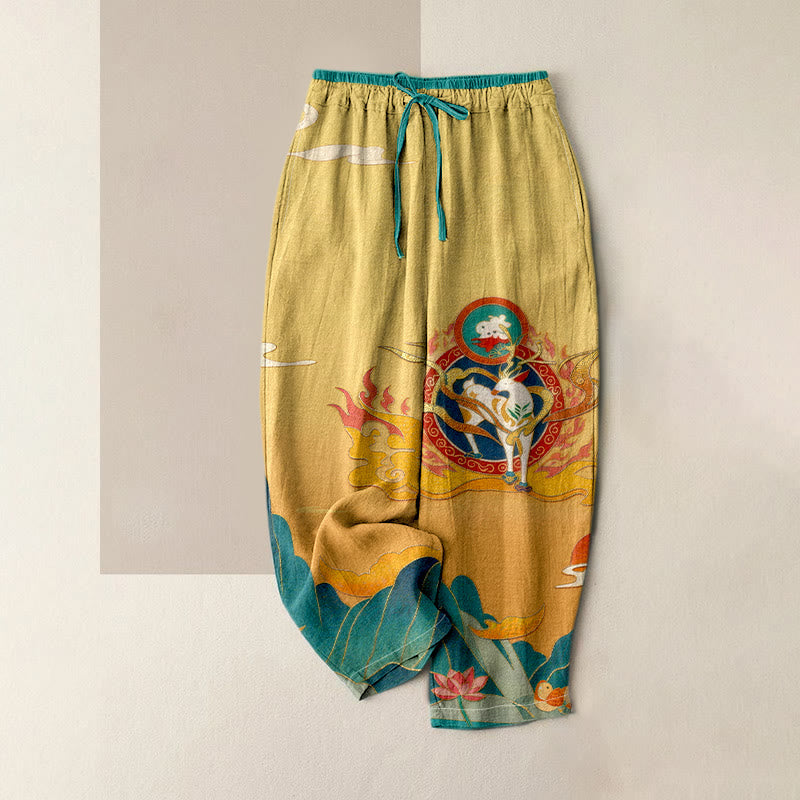 Nimara Ritual Pure Cotton Deer Mountain Lotus Pattern Women's Elastic Waist Pants With Pockets