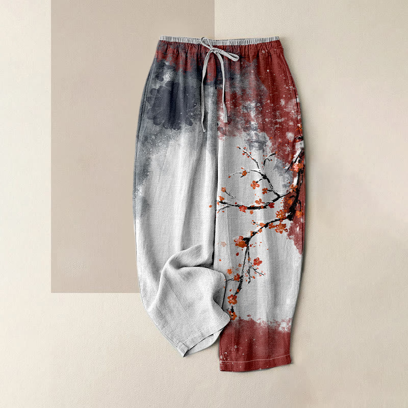 Nimara Ritual Pure Cotton Plum Blossom Snow Pattern Women's Elastic Waist Pants With Pockets