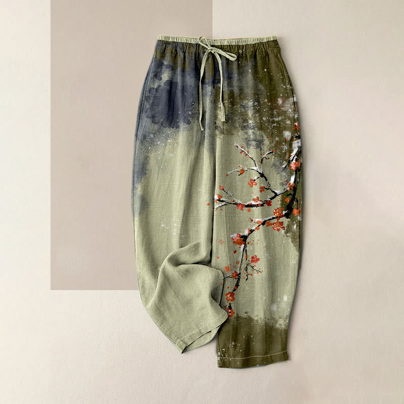 Nimara Ritual Pure Cotton Plum Blossom Snow Pattern Women's Elastic Waist Pants With Pockets