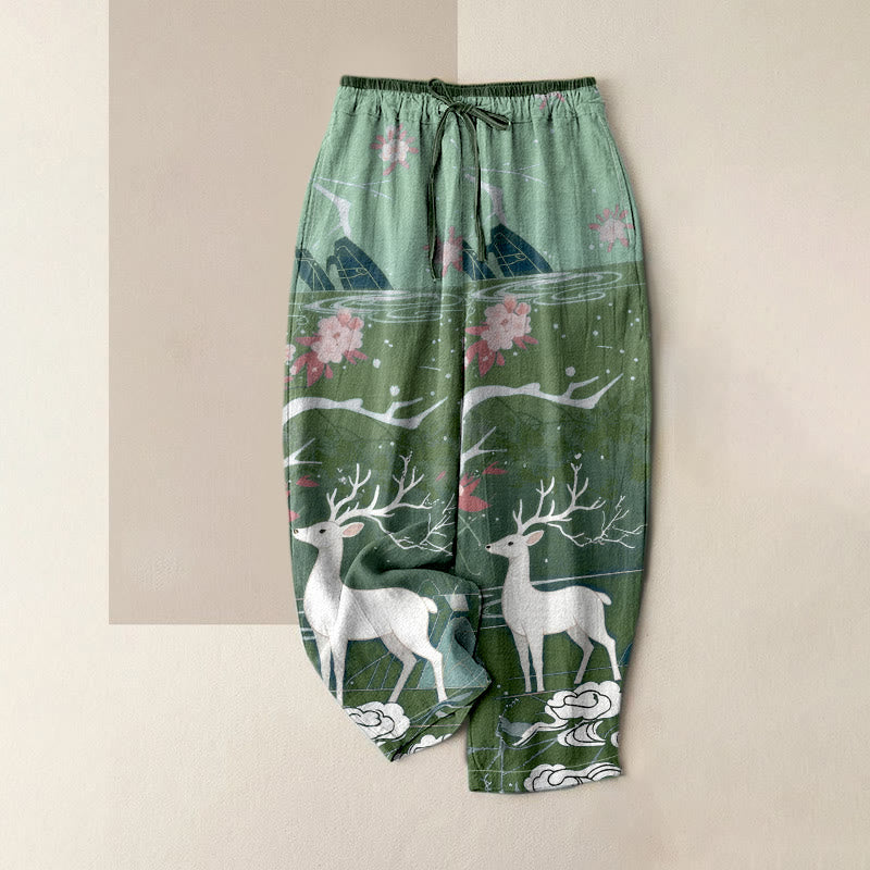 Nimara Ritual Pure Cotton Pink Blossom Deer Mountain Pattern Women's Elastic Waist Pants With Pockets