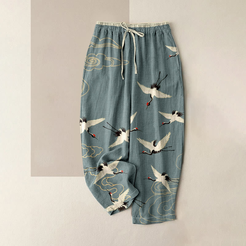Nimara Ritual Pure Cotton Crane Cloud Pattern Women's Elastic Waist Pants With Pockets
