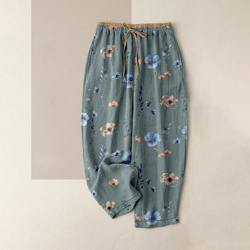 Nimara Ritual Pure Cotton Wildflower Peach Blossom Pattern Women's Elastic Waist Pants With Pockets