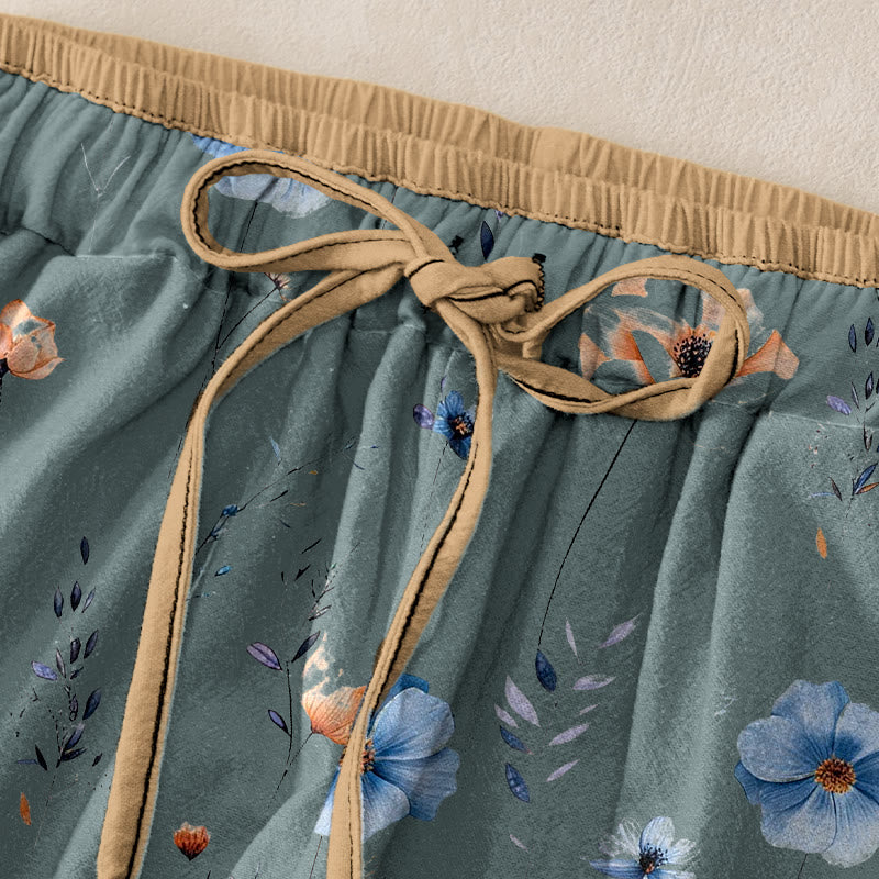 Nimara Ritual Pure Cotton Wildflower Peach Blossom Pattern Women's Elastic Waist Pants With Pockets