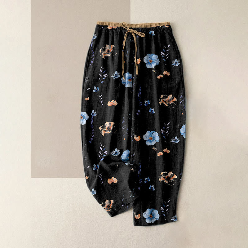 Nimara Ritual Pure Cotton Wildflower Peach Blossom Pattern Women's Elastic Waist Pants With Pockets