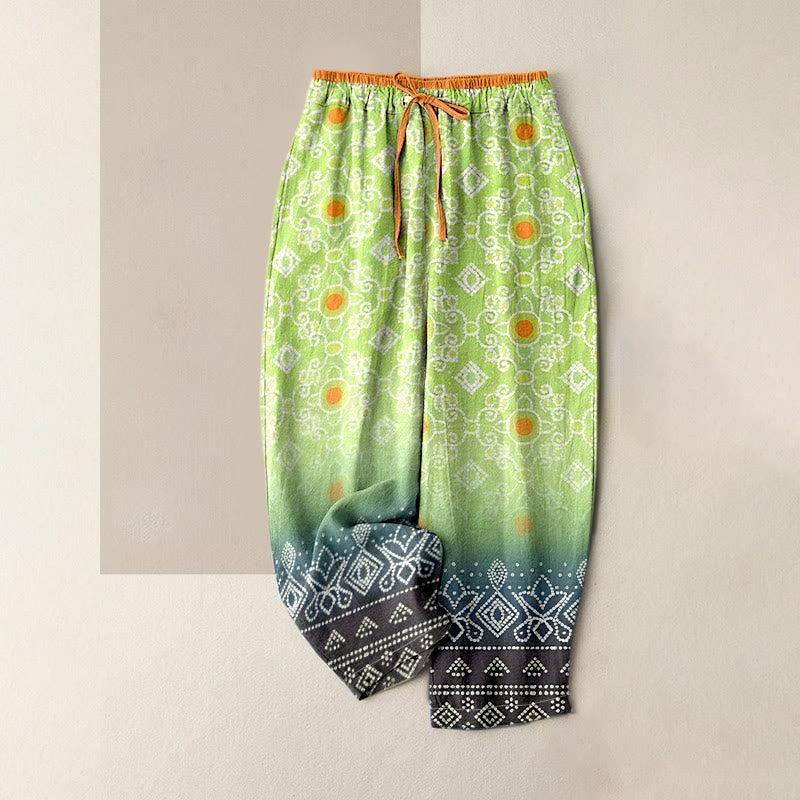 Nimara Ritual Pure Cotton Geometric Diamond Motifs Dots Pattern Women's Elastic Waist Pants With Pockets