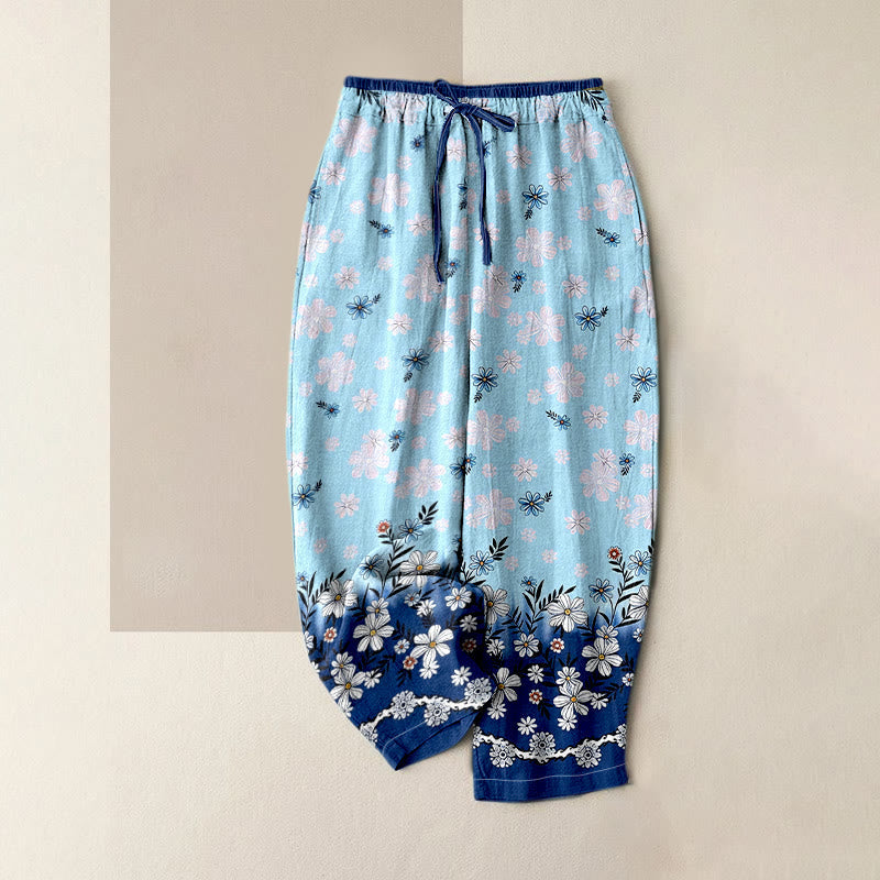 Nimara Ritual Pure Cotton Daisy Pattern Women's Elastic Waist Pants With Pockets