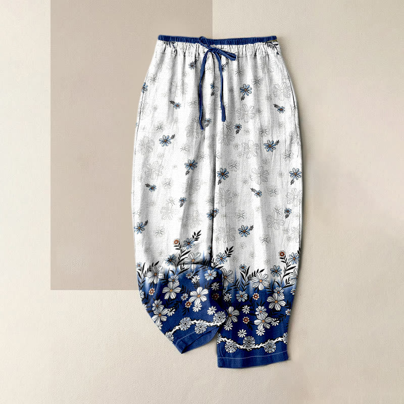 Nimara Ritual Pure Cotton Daisy Pattern Women's Elastic Waist Pants With Pockets