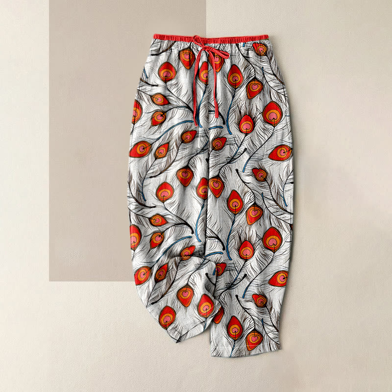 Nimara Ritual Pure Cotton Peacock Heart Pattern Women's Elastic Waist Pants With Pockets