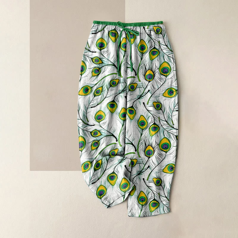 Nimara Ritual Pure Cotton Peacock Heart Pattern Women's Elastic Waist Pants With Pockets