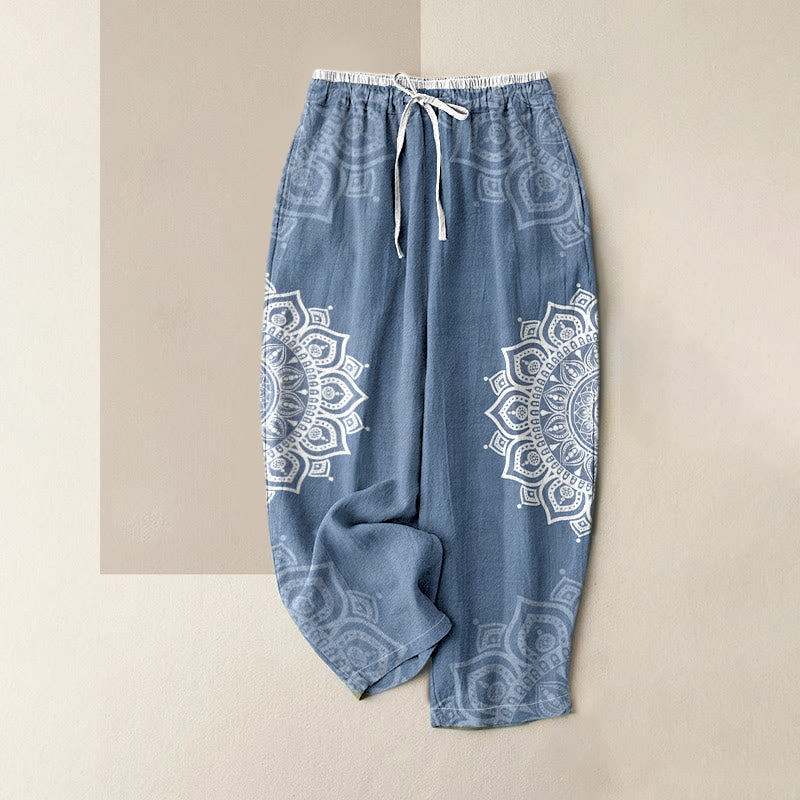 Nimara Ritual Pure Cotton Mandala Pattern Women's Elastic Waist Pants With Pockets