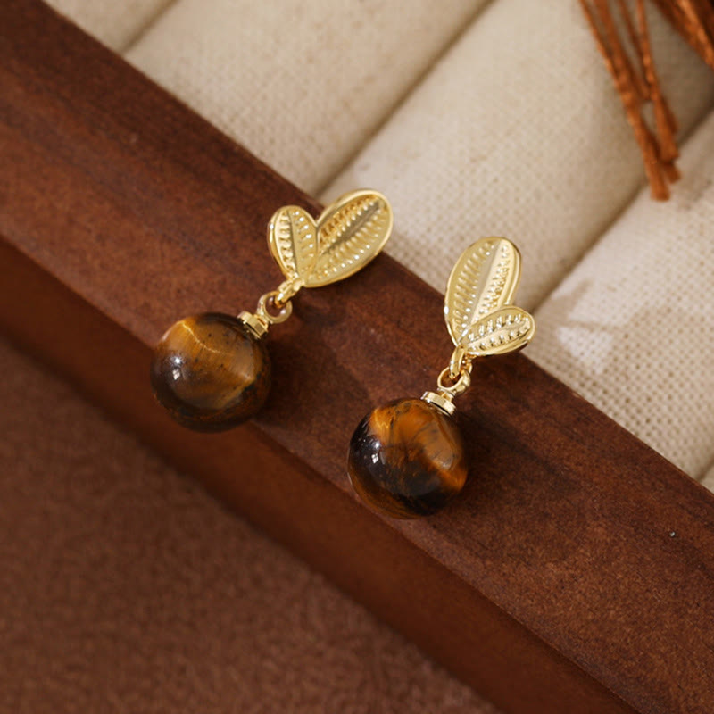 Nimara Ritual Tiger Eye Leaves Design Copper Protection Earrings