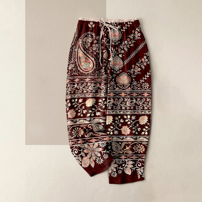Nimara Ritual Pure Cotton Paisley Lotus Pattern Women's Elastic Waist Pants With Pockets