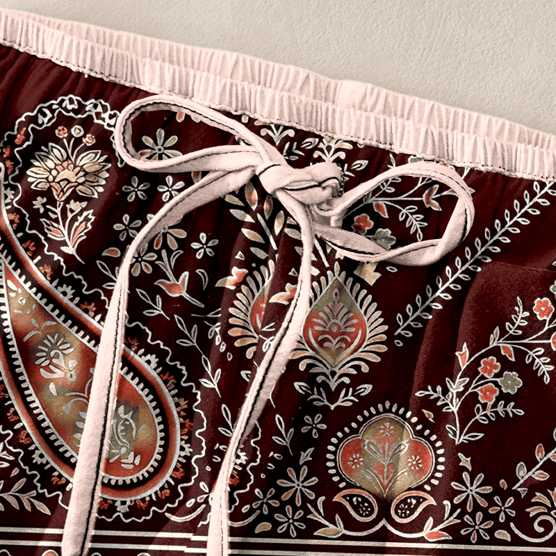 Nimara Ritual Pure Cotton Paisley Lotus Pattern Women's Elastic Waist Pants With Pockets